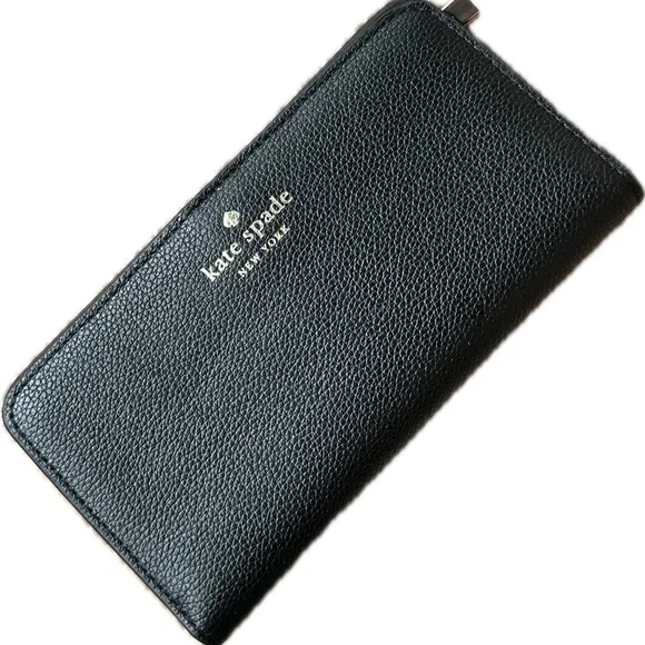 kate spade Black Pebbled Leather Zip Around Wallet with Gold Logo - Picture 1 of 5